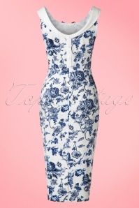 Collectif Clothing - Maddison Toile Floral Pencil Dress Années 50 en Blanc et Bleu 5