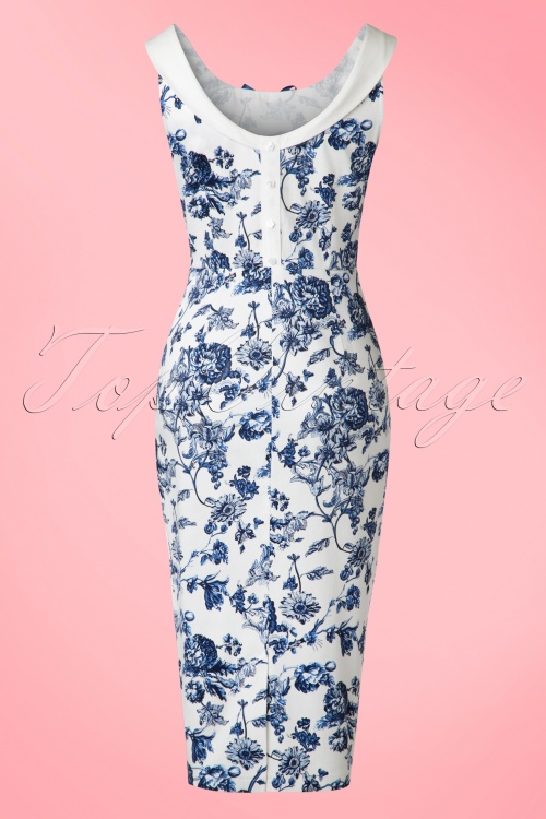 Collectif Clothing - 50s Maddison Toile Floral Pencil Dress in White and Blue 5