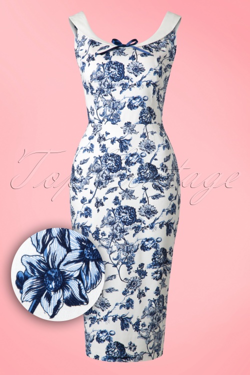 Collectif Clothing - Maddison Toile Floral Pencil Dress Années 50 en Blanc et Bleu 2