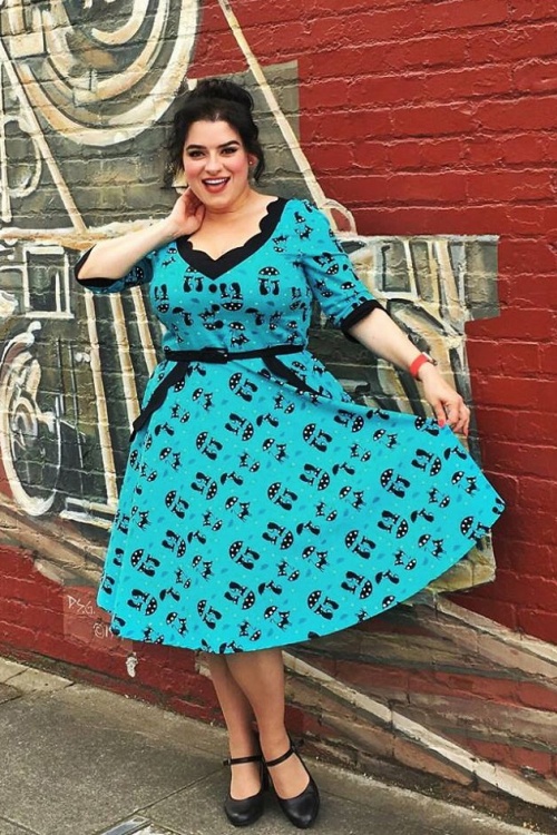 Vixen - 50s Jade Cat Swing Dress in Blue 7