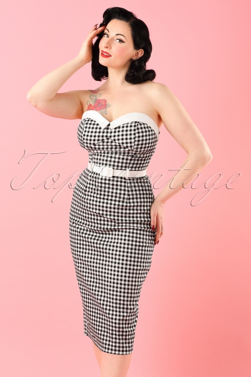 Collectif Clothing - 50s Monica Gingham Pencil Dress in Black and White