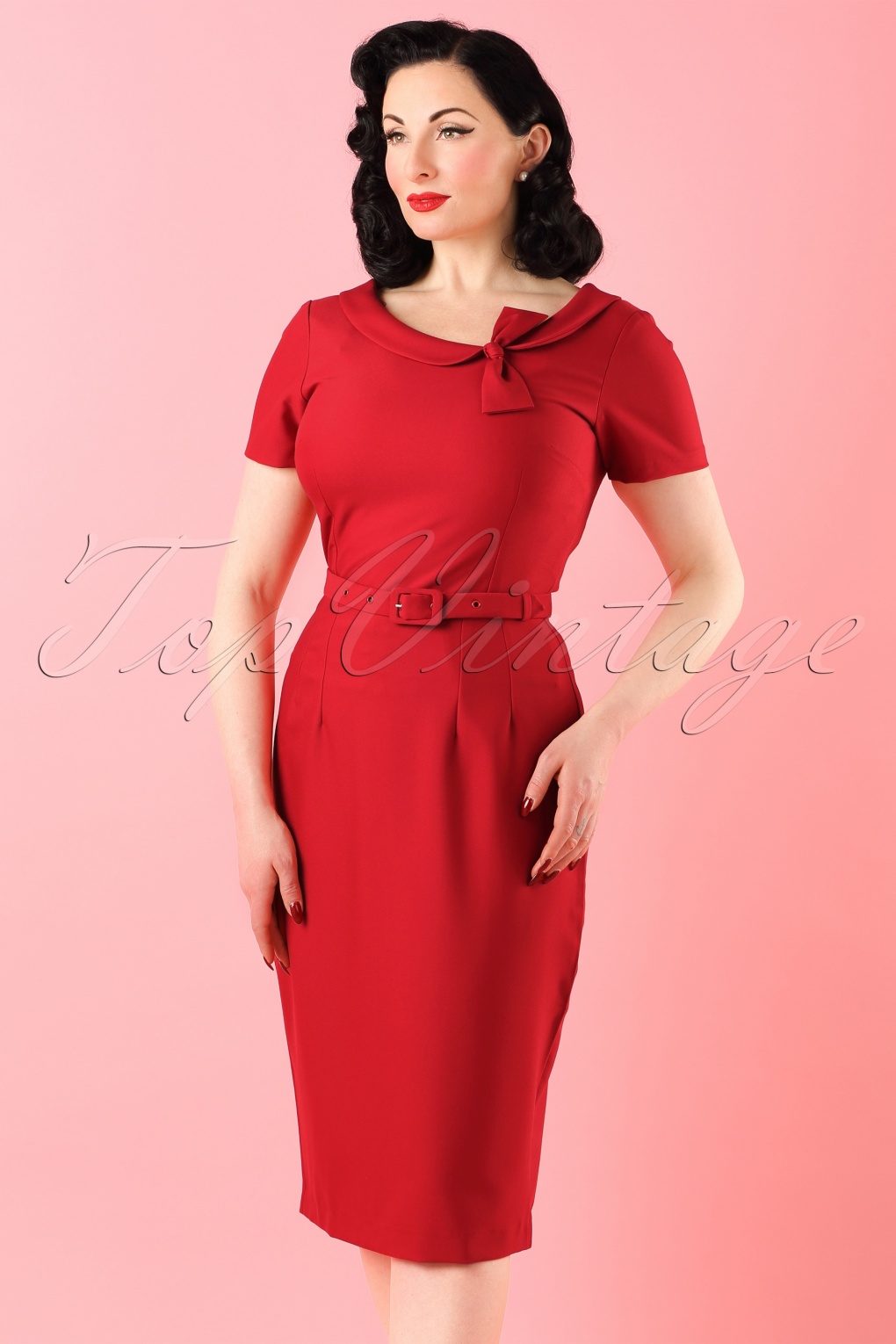 Topvintage Exclusive ~ 50s Megan Pencil Dress In Dark Red