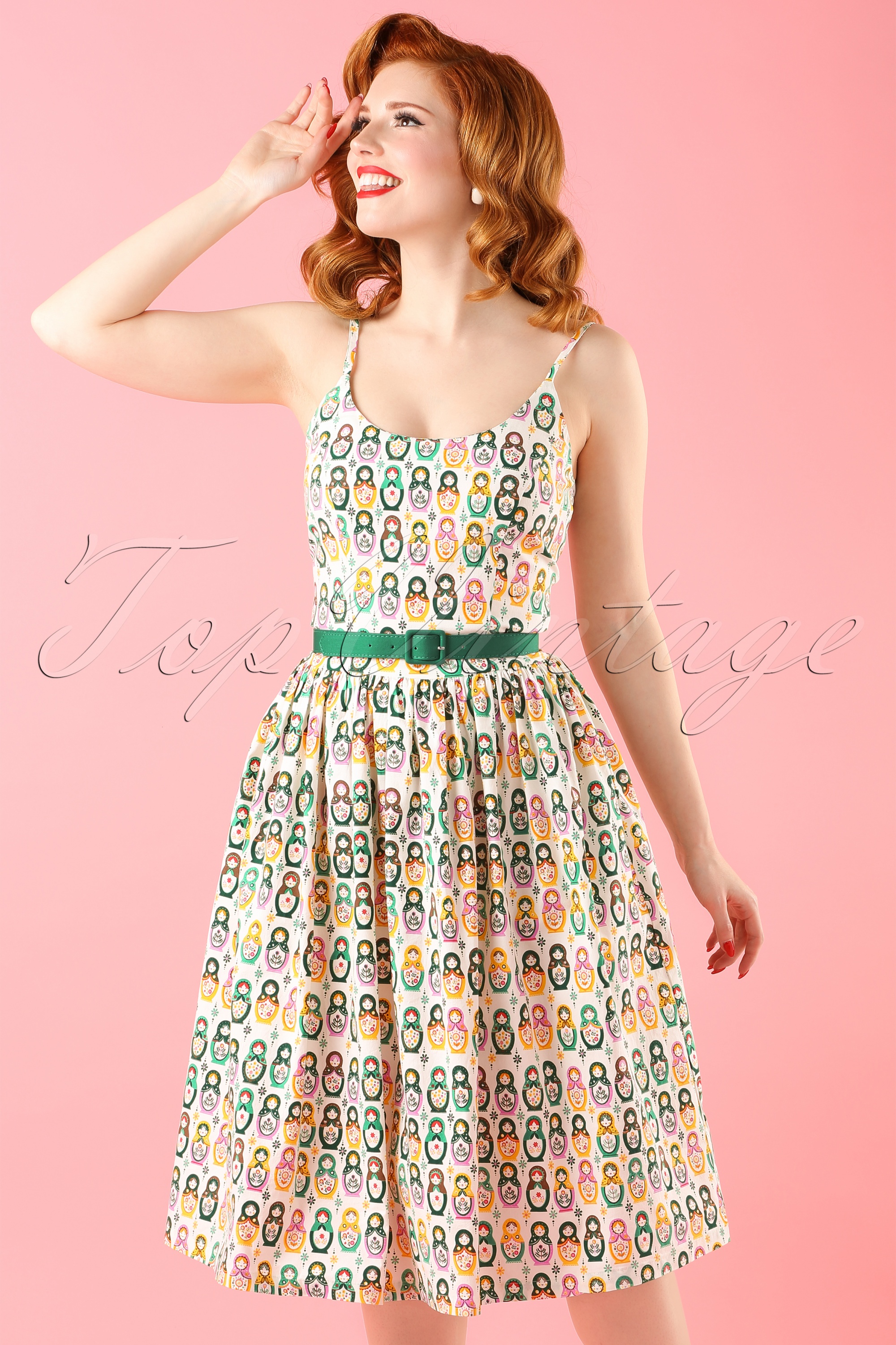 Tatyana 50s Matryoshka Nesting Dolls Swing Dress in Ivory Acheter chez Topvintage