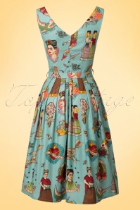 Victory Parade - TopVintage Exclusive ~ 50s Ti Amo Frida Kahlo Frock Swing Dress in Vintage Blue 5