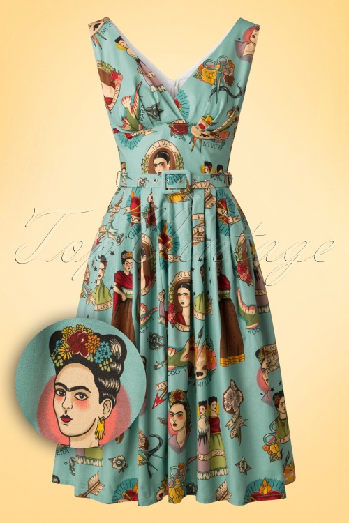 Victory Parade - TopVintage Exclusief ~ Ti Amo Frida Kahlo Frock Swingjurk in Vintage Blauw 3