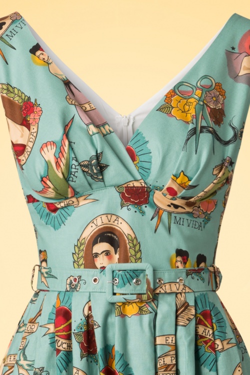 Victory Parade - TopVintage Exclusive ~ Ti Amo Frida Kahlo Frock Swing Kleid in Vintage Blau 6