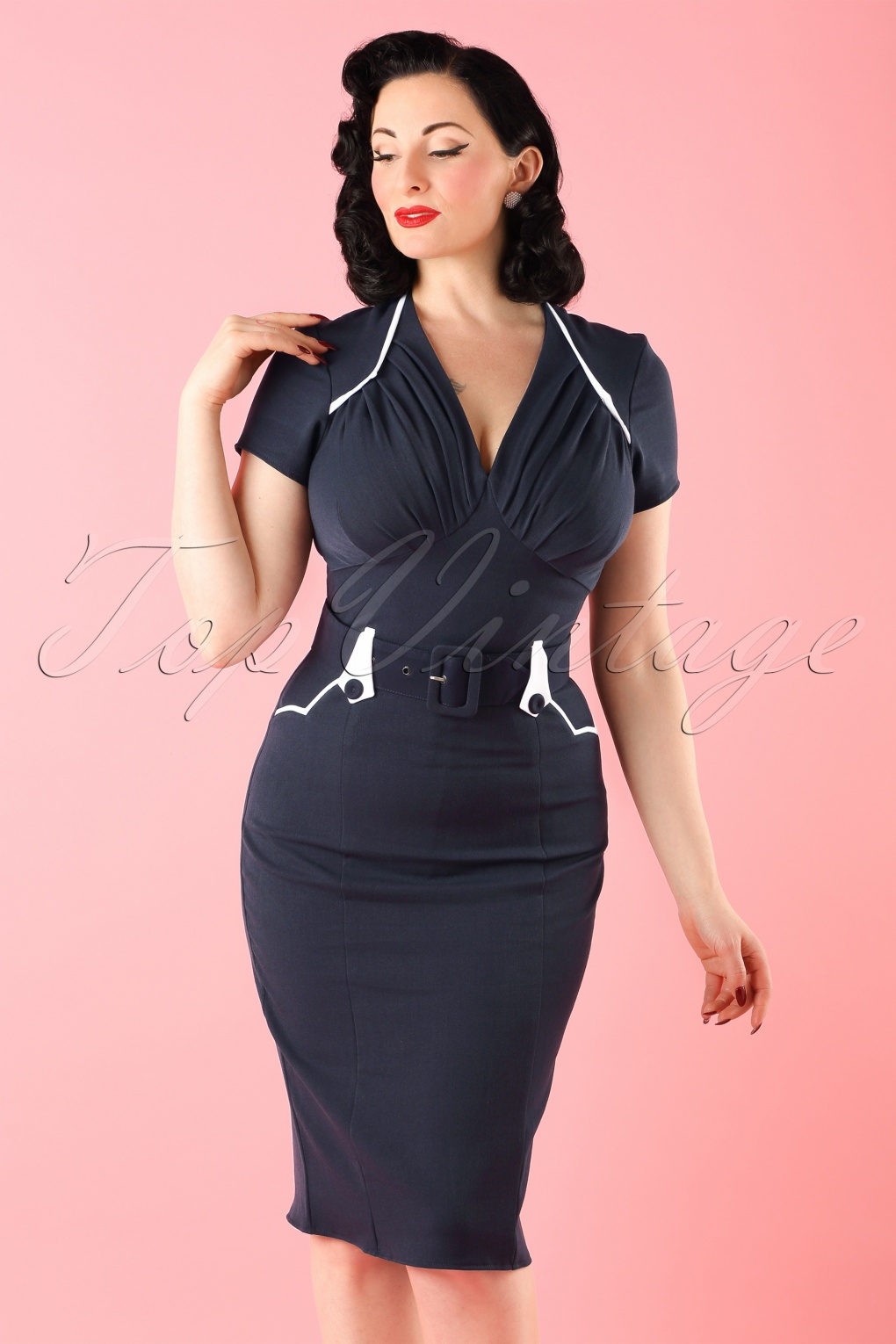 TopVintage exclusive ~ 50s Mavis Pencil Dress in Navy and White