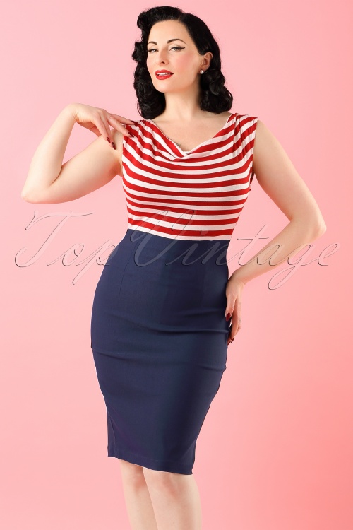 Steady Clothing - Sally Wiggle Dress Années 50 en Navy avec des Rayures en Rouge et Blanc