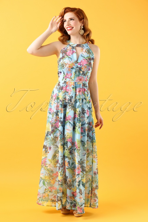70s Zaela Floral Maxi Dress In Light Blue