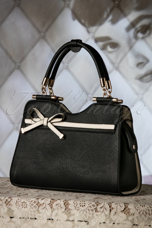 La Parisienne - 40s Audrey Bow Handbag in Black and Cream  2