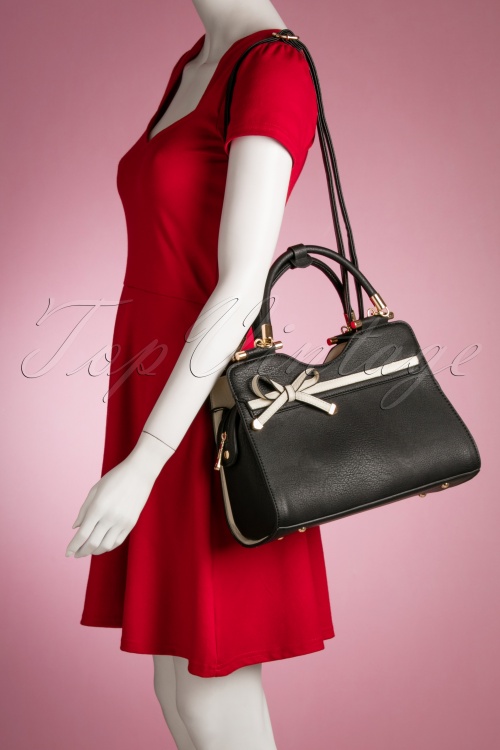 La Parisienne - 40s Audrey Bow Handbag in Black and Cream  7