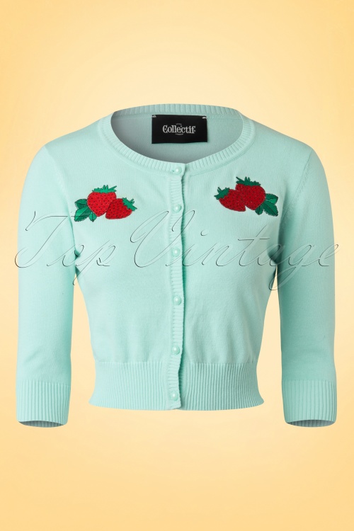 Collectif Clothing - Lucy Strawberry Cardigan Années 50 en Menthe