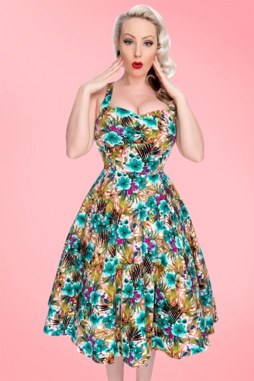 Hearts & Roses - 50s Daisy Lilly Floral Swing Dress in Turquoise 8