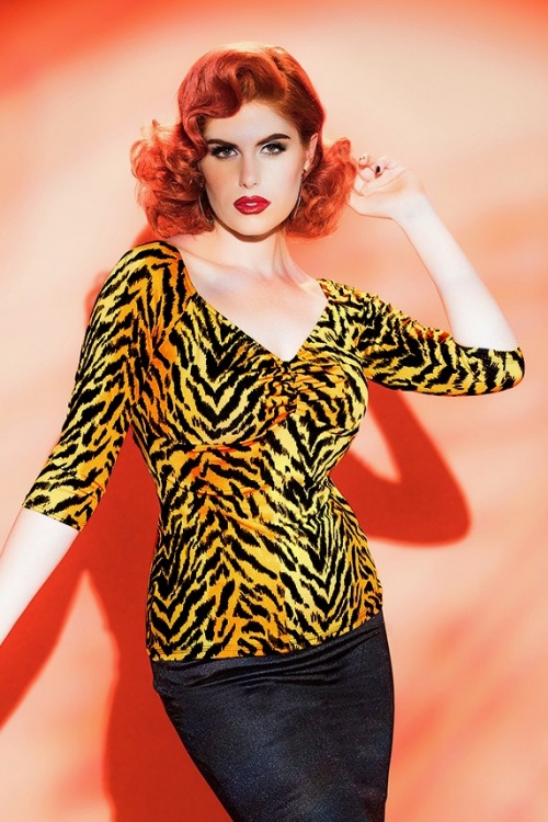 Pinup Couture - 50s Deadly Dames Jailbird Top in Orange Tiger 3