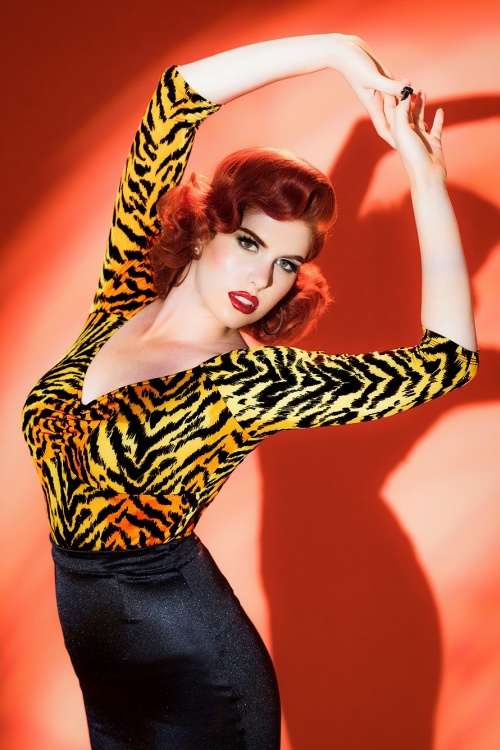 Pinup Couture - 50s Deadly Dames Jailbird Top in Orange Tiger 2