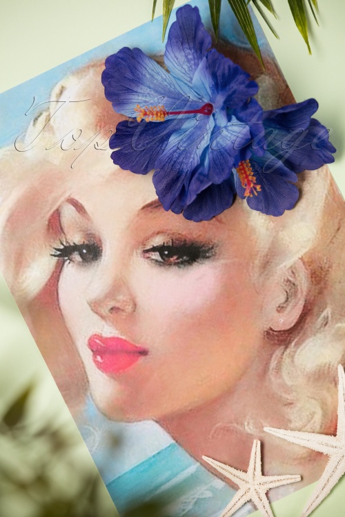 Lady Luck's Boutique - Double Hibiscus Double Pretty Hair Clip Années 50 en Bleu 2