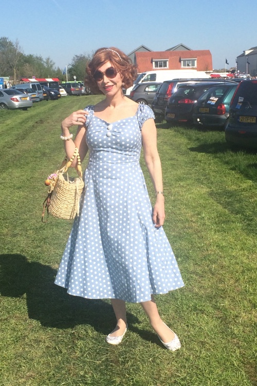 Collectif Clothing - 50s Dolores Polkadot Doll Swing Dress in Dusky Blue and White 9