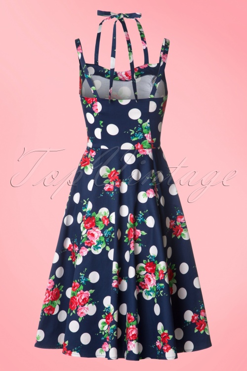 Hearts & Roses - 50s Dotty Polka Roses Swing Dress in Navy 8
