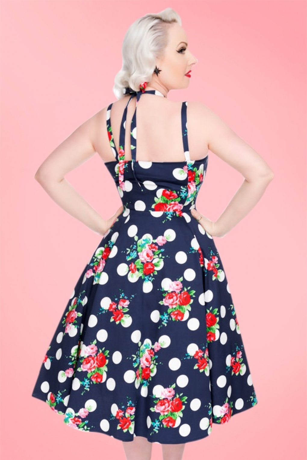 50s Dotty Polka Roses Swing Dress in Navy