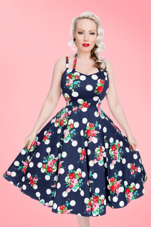 50s Dotty Polka Roses Swing Dress in Navy