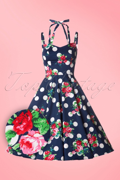 Hearts & Roses - 50s Dotty Polka Roses Swing Dress in Navy 2