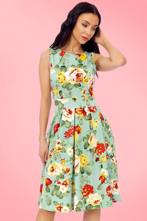 Vintage Chic for Topvintage - Veronica bloemen flare-jurk in mint 6