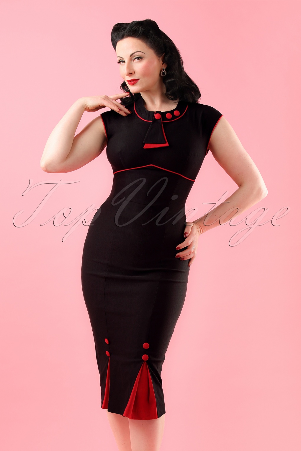 30s Bombshell Pencil Dress in Black and Red