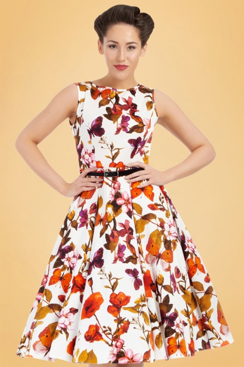 Lady V by Lady Vintage - Hepburn – Schmetterlings-Blumen-Swing-Kleid in Elfenbein 3
