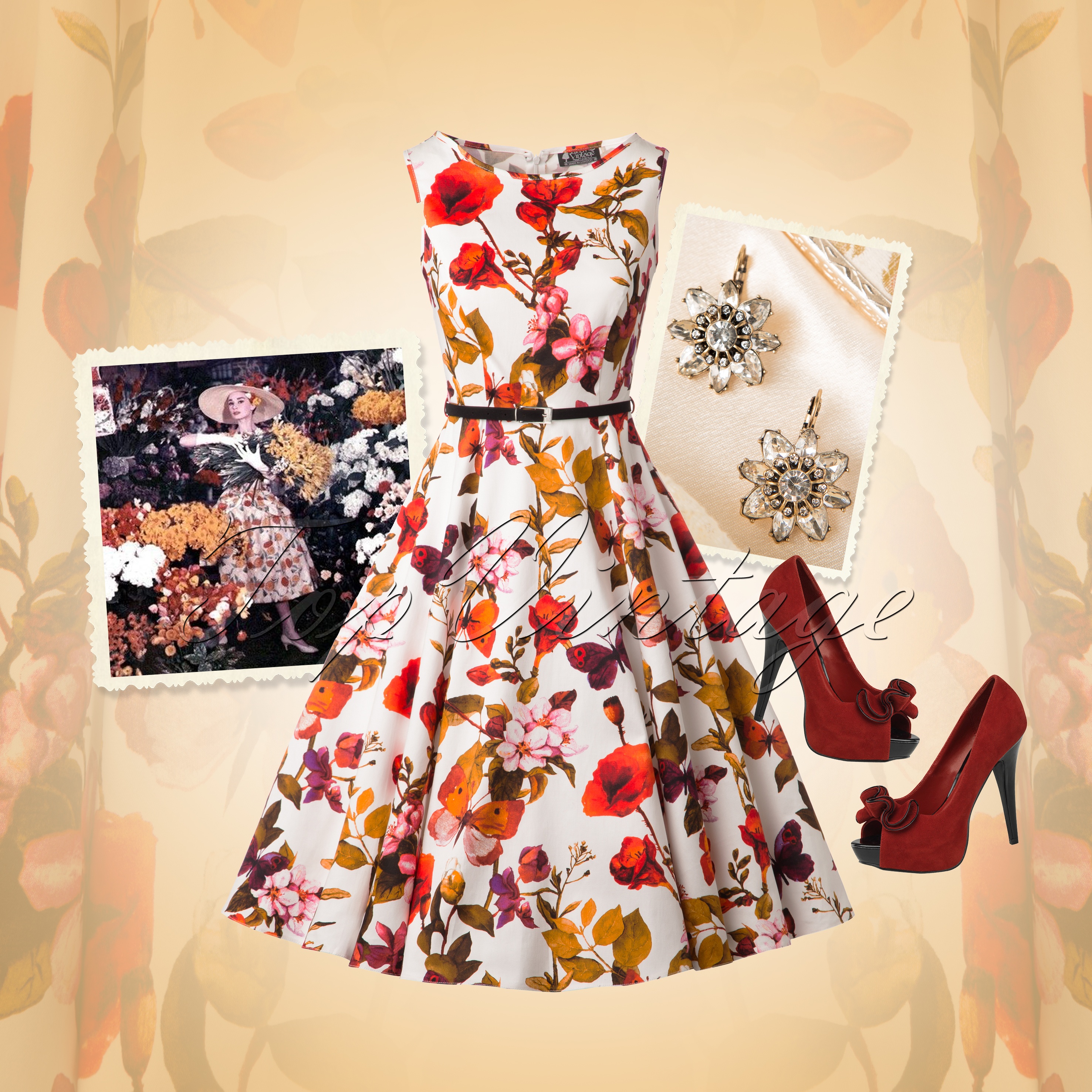 Lady V by Lady Vintage - Hepburn vlinder bloemen swingjurk in ivoor 11