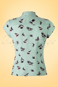 Steady Clothing - 50s Harlow Sparrows Tie Blouse in Aqua Blue 4