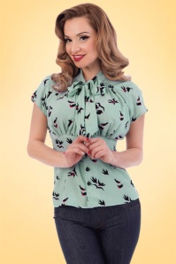 Steady Clothing - 50s Harlow Sparrows Tie Blouse in Aqua Blue 2