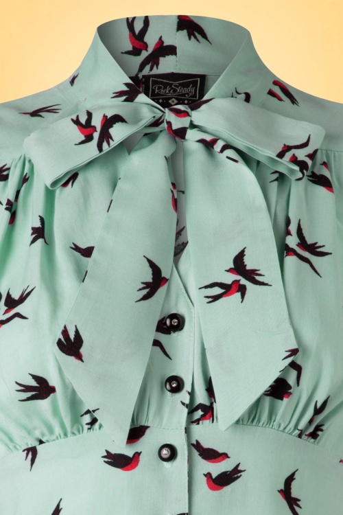 Steady Clothing - Harlow Sparrows Tie Blouse Années 1950 en Bleu eau 6
