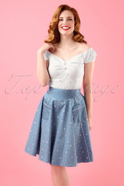 Banned Retro - 50s Sweet Talker Sailor Swing Skirt in Denim Blue
