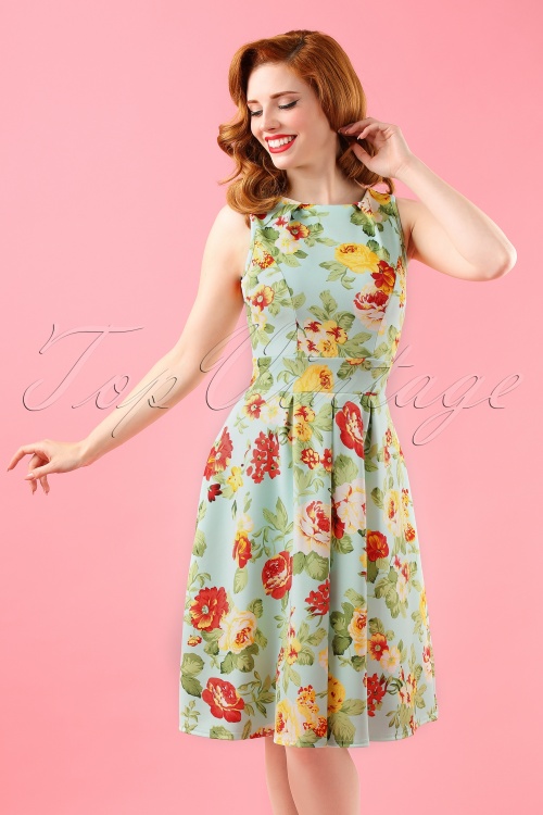 Vintage Chic for Topvintage - Veronica bloemen flare-jurk in mint