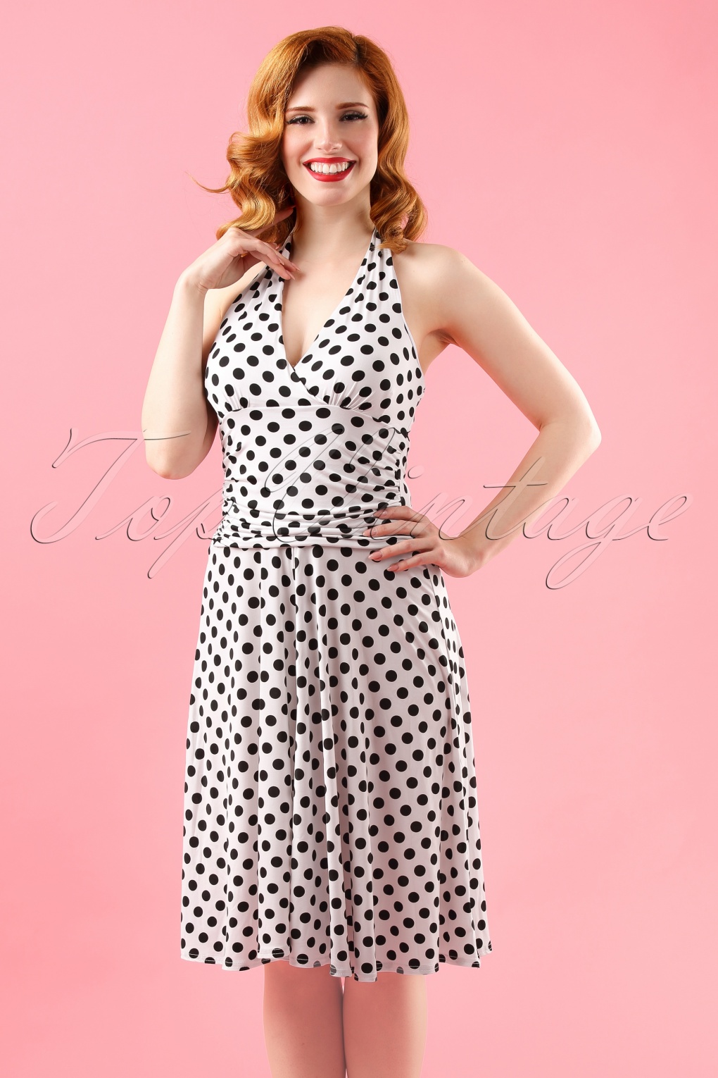 50s Valencia Polkadot Halter Dress in White