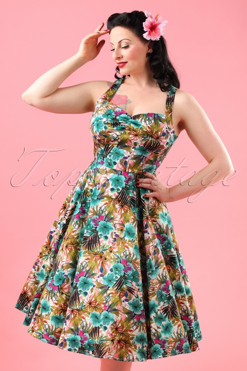 Hearts & Roses - 50s Daisy Lilly Floral Swing Dress in Turquoise
