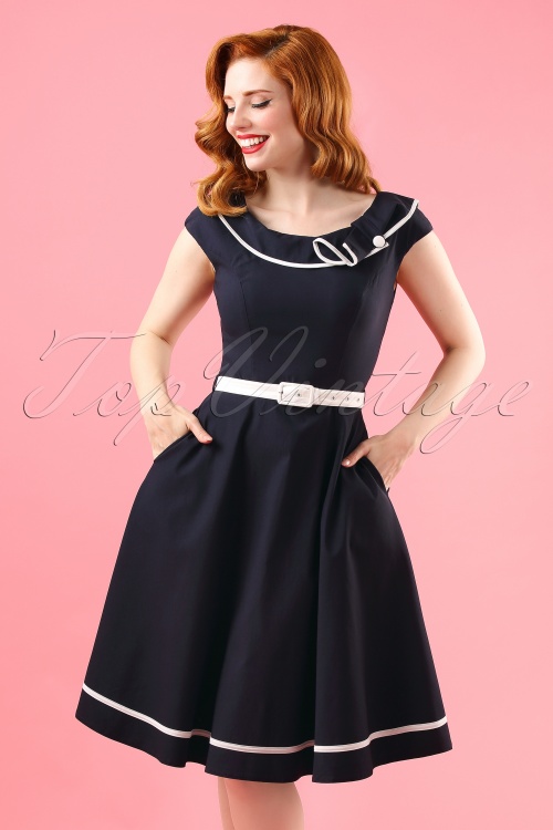 Vixen - Robe Années 50 Nora Sailor Swing Dress en Bleu Marine