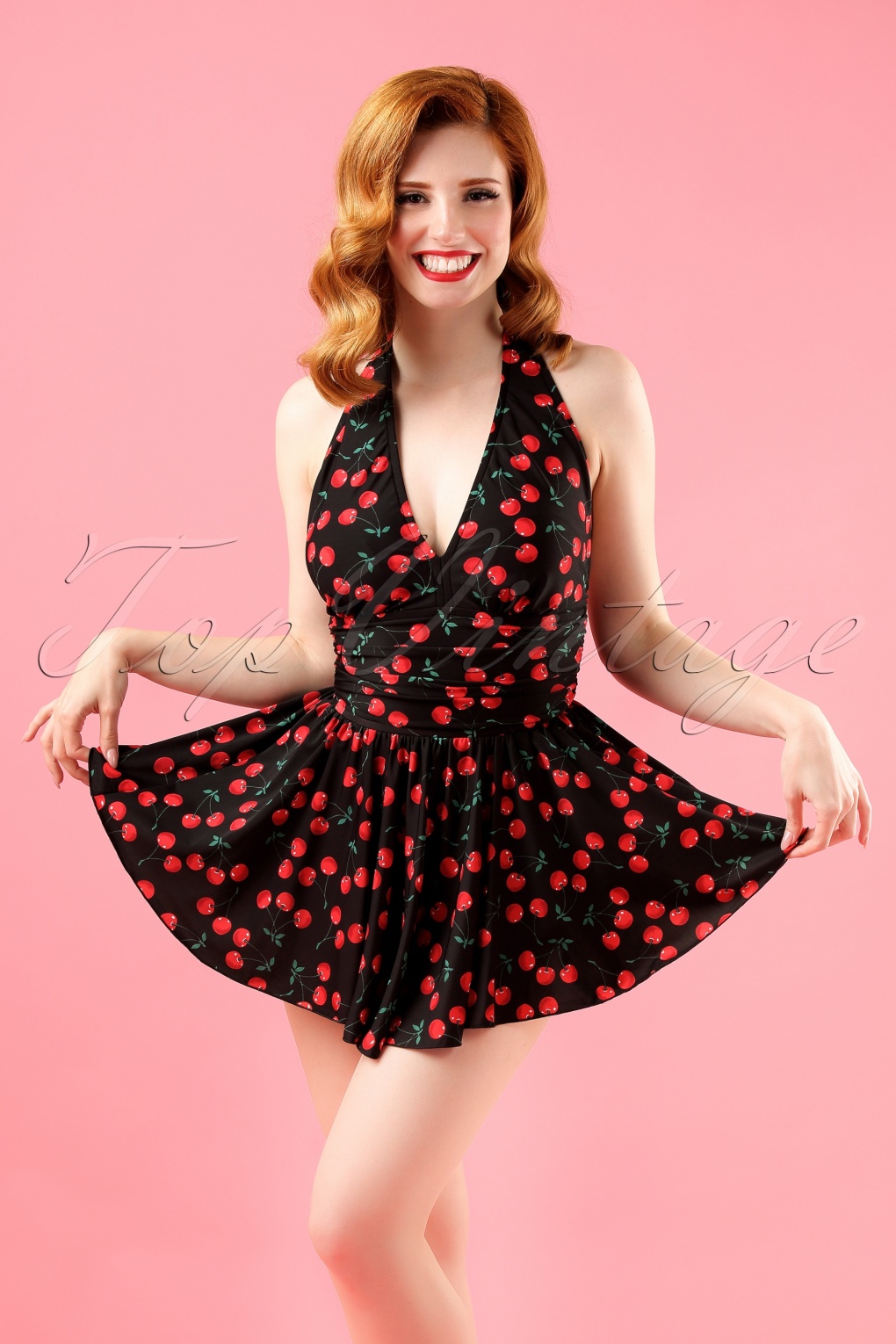 50s Marilyn Cherry Swimdress in Black