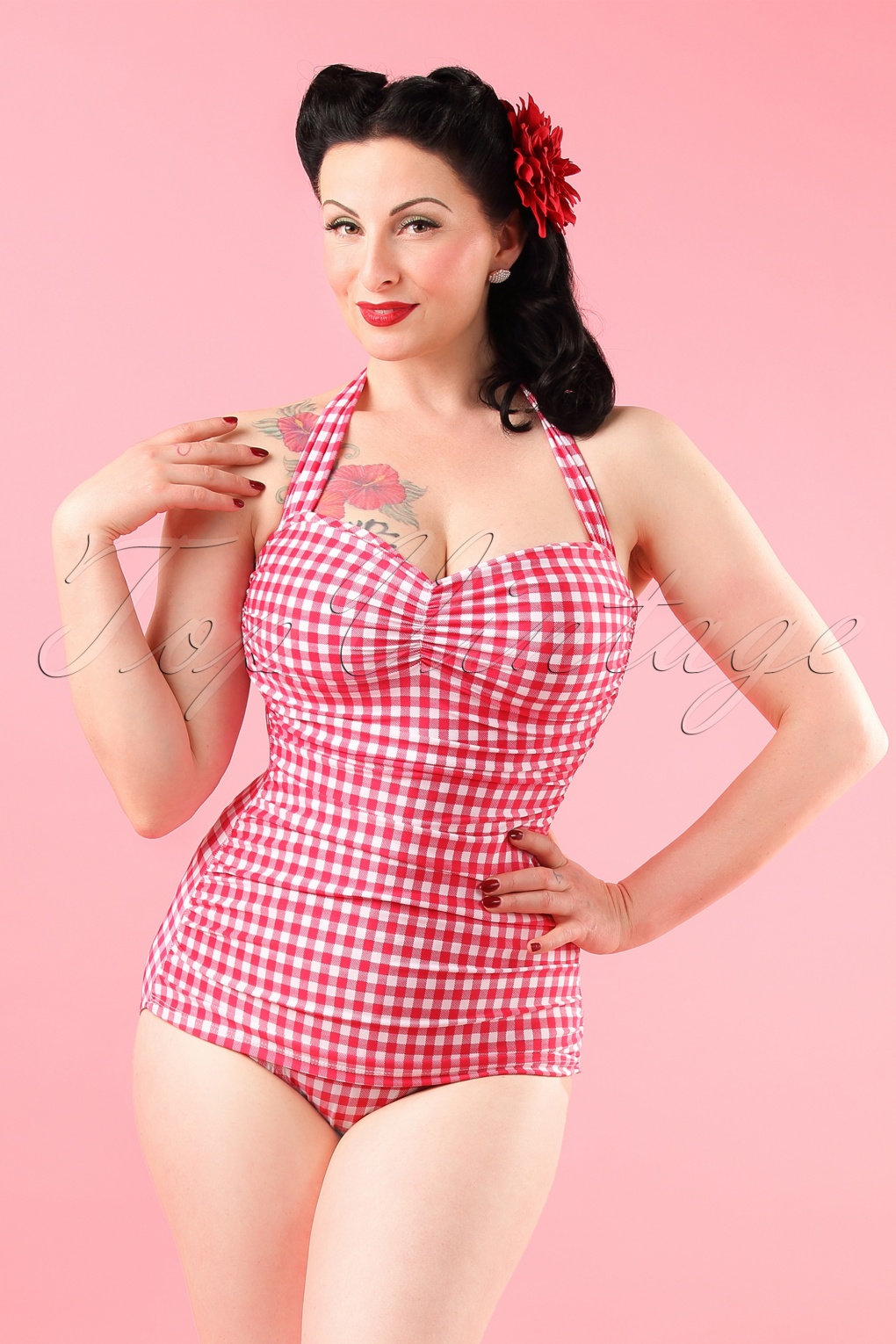 classic fifties one piece swimsuit Gingham white raspberry pink