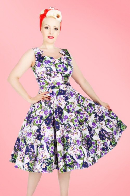 50s Ella Floral Swing Dress in White and Purple