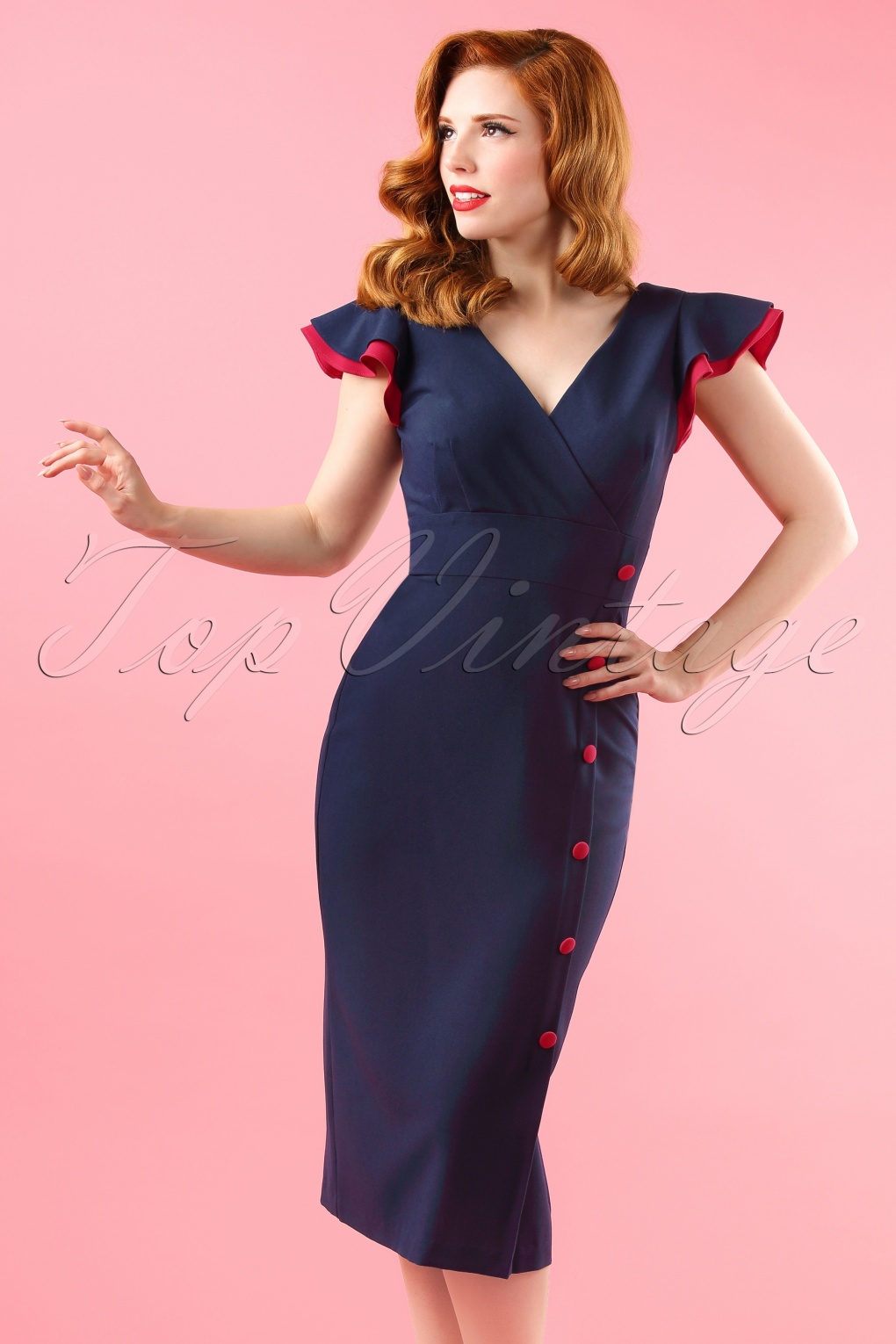50s Honor Pencil Dress In Navy And Red