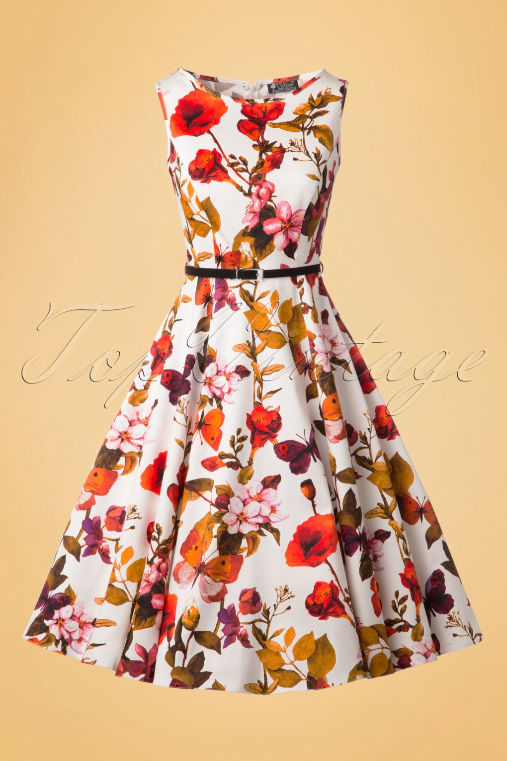 50s Hepburn Butterfly Floral Swing Dress In Ivory 