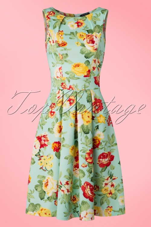 Vintage Chic for Topvintage - Veronica bloemen flare-jurk in mint 2