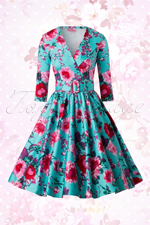 Pinup Couture - 50s Birdie Floral Dress in Turquoise and Pink 6
