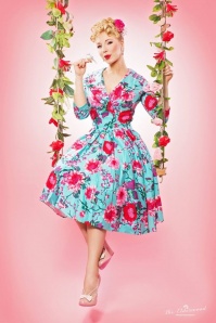 Pinup Couture - 50s Birdie Floral Dress in Turquoise and Pink 4