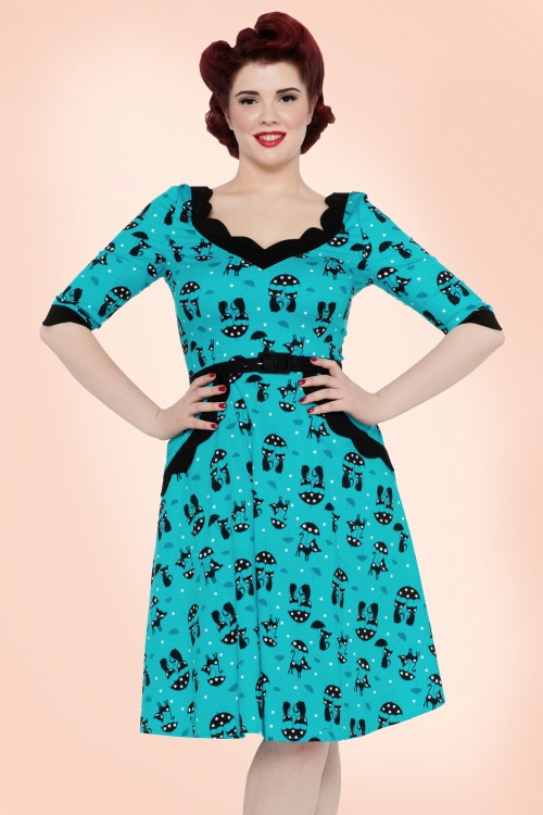 Vixen - 50s Jade Cat Swing Dress in Blue 6