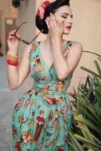 Victory Parade - TopVintage Exclusive ~ 50s Ti Amo Frida Kahlo Frock Swing Dress in Vintage Blue 7