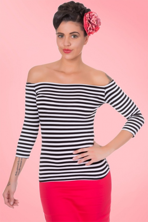 Dolly and Dotty - 50s Gloria Off Shoulder Stripes Top in Black and White 3