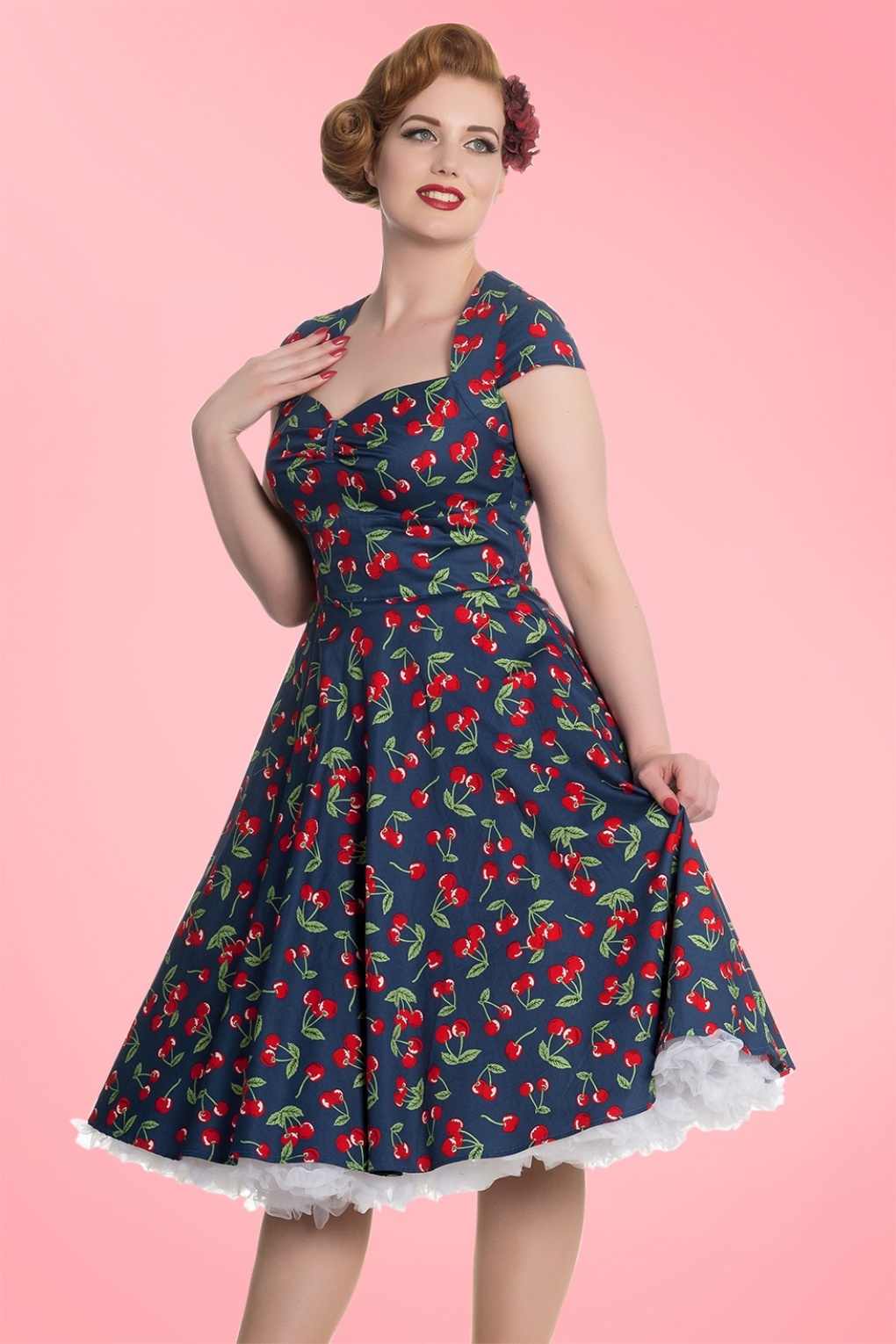 50s April Cherry Swing Dress in Midnight Blue