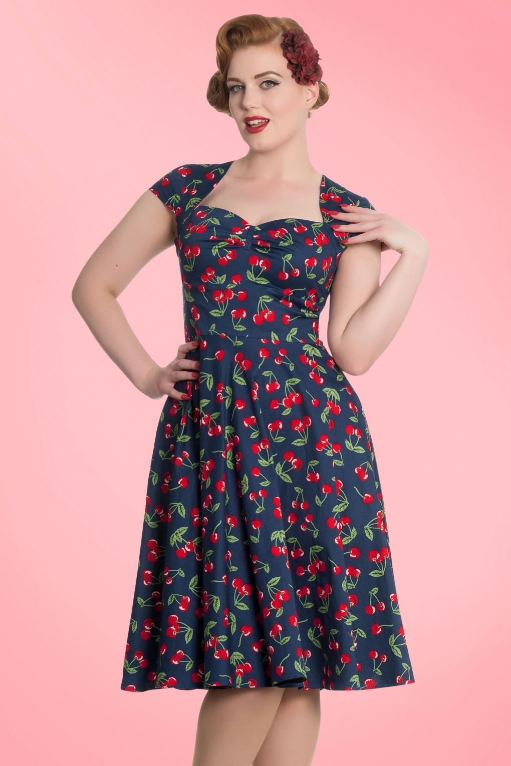 50s April Cherry Swing Dress in Midnight Blue